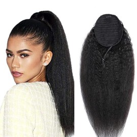 SAKALAKA Kinky Straight Long Ponytail Extension Human Hair with Drawstring Human Hair Ponytail for Women Real Human Hair Ponytail Extension Natural Color 22inch