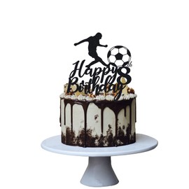 Decoración para tartas de fútbol 8 para niños, 8 deportes temáticos decoración de fiesta de cumpleaños, papel negro con purpurina
