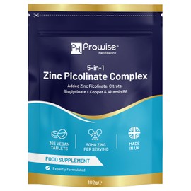 5-in-1 Zinc Picolinate Complex 50 mg | 365 Vegan High Strength Tablets Added with Copper and Vitamin B6 | 6 Months’ Supply Help with Immune System, Bone Health and Fertility | Made in UK by Prowise