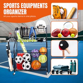 All-in-one Sports Equipment Organizer – Ball Storage for Sports Gear and Toys with Four Baskets and Six hooks for Indoor/Outdoor Use – Moveable Ball Rolling Cart with Wheels for Garage - Black