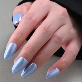 evpct Sky Blue Press on Nails Almond Short, Light Sky Blue Chrome Glazed Glossy Short Almond Soft Gel Press On Nails with Nail Glue for Women Gift, 15 Sizes 30Pcs Reusable Stick Acrylic Fake Nail Kit