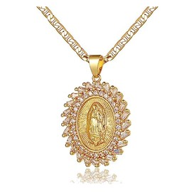 DouuYuhet 18K Gold Plated Flat 3MM Virgin Mary Guadalupe Charm Chain Pendant Necklace Christian Jewelry (019-Gold)