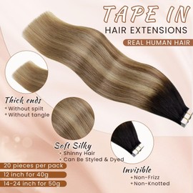 Hetto Tape in Hair Extensions Human Hair 40g 12 Inch Tape in Hair Extensions #1b/6/27 Black Ombre to Medium Blonde with Strawberry Blonde Hair Extensions Tape in Real Human Hair 20pcs