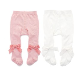 ccgo Newborn Baby Girls Tights Infant Toddler Girls Leggings Velvet Bowknot Warm Cotton Stockings Pant Baby Tight Socks (S(0-12 Months), White & Pink-2 pack)