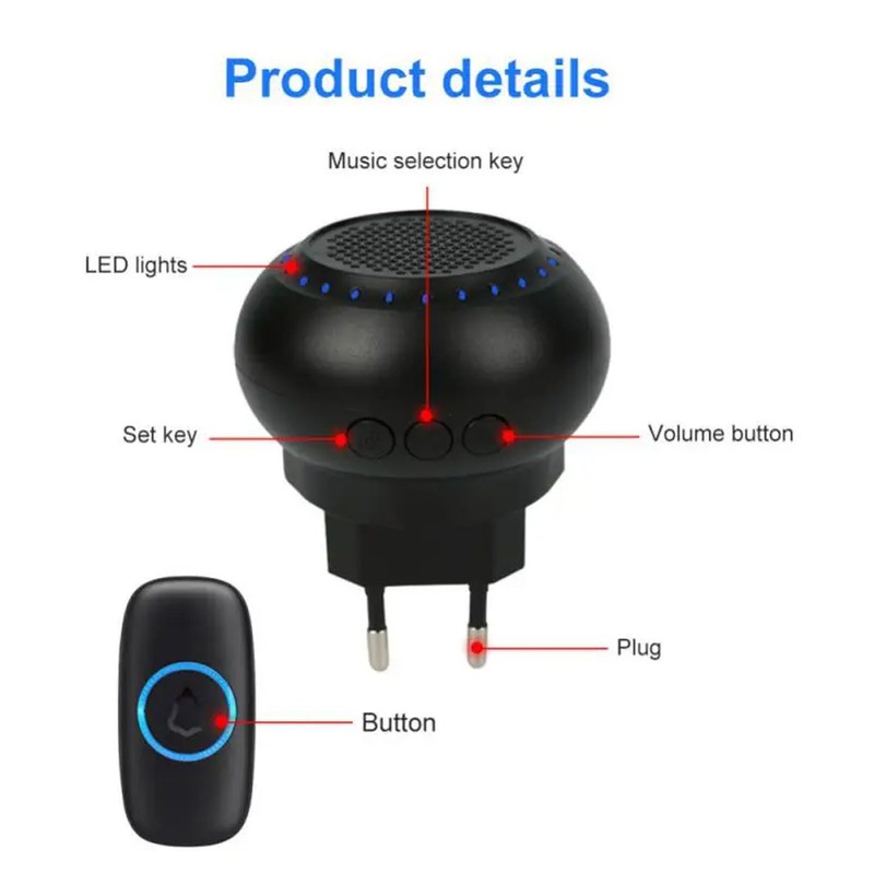 Wireless Doorbell Kit IP55 Waterproof Battery Operated 32 Melodies Cordless