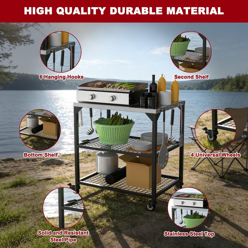 TAILGRILLER Stainless Steel Grill Cart on Wheels, Heavy Duty 3-Shelf
