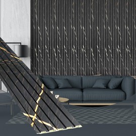 OUZUGIE WPC Acoustic Slat Wall Paneling, 8-Pack 114 x 6 Inches 3D Wall Panels for Interior Wall Decor,Living Room,TV Background,Study Room,Office Spaces,Bedroom,Low Grille (Black Marble)
