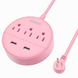 Rose Pink Power Strip with USB, NTONPOWER Flat Plug Extension Cord Nightst&Desktop Charging Station with 3 Outlet &2 USB, Wall Mount, Small Size for Dorm Room Home Office Travel, ,'5 FT Cord
