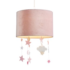 Soft Blush Pink Velvet Pendant Lamp Shade with Hanging Felt Fabric Stars and Clouds | 30cm Diameter | Lovely Addition to Childrens Bedroom by Happy Homewares