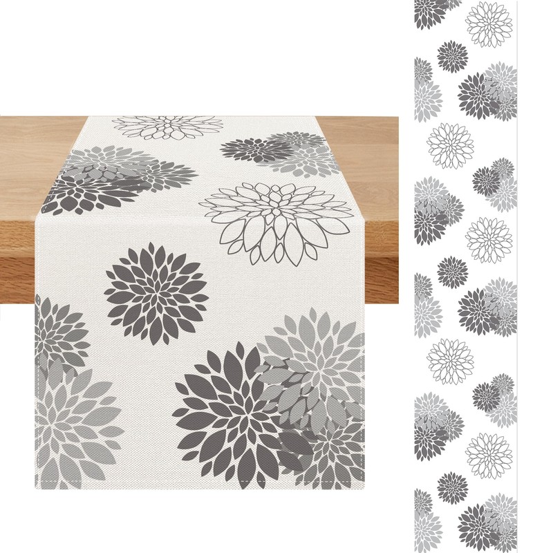 Inhobbok Table Runner Light Grey Dahlia Flower Linen Modern Attractive