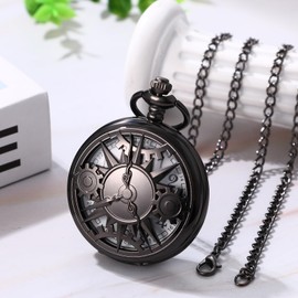 JewelryWe Men's Pocket Watch with Chain: Vintage Hollow Gear Analogue Quartz Chain Watch Black Steampunk Watch Pendant Necklace Gift for Men Women, vintage steampunk
