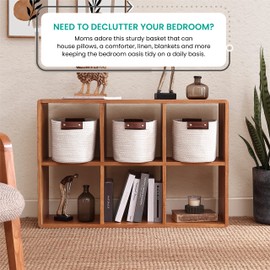 Organizix 3 Pack Cotton Rope Storage Basket Woven Shelf Storage Bin with Faux Leather Handles, Decorative Closet Shelf Woven Basket for Storage Organizers, 15 x 10 x 9, Cream