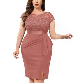MISSMAY Women's Plus Size Sequin Floral Lace Ruffle Split Elegant Cocktail Party Dress