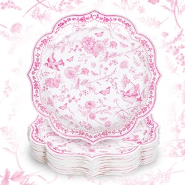 JarThenaAMCS 40 Pcs Pink Floral Paper Plates Chinoiserie Pink White Flower Bird Disposable Plates Scalloped Rim Party Tableware for Wedding Birthday Holiday Table Supplies