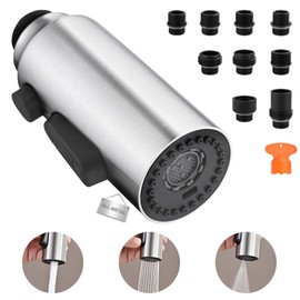Metal Kitchen Faucet Head Replacement, 3-Function Pull Down Spray Head for Kitchen Faucet, High Pressure Sink Spray Nozzle with 9 Adapters Compatible with Most Faucets, Brushed Nickel