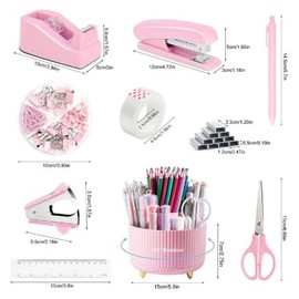Office Supplies Pink Stapler Set,Practical Office and Learning Stationery, Including Stapler, Stapler, Stapler, Tape, Tape Holder, 360 Degree Rotating Pen Holder Ruler Pen Scissors Clip Paper Clip