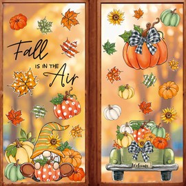 Whaline 6 Sheets Fall Window Clings Green-Orange Pumpkin Gnome Truck Maple Leaf Reusable Window Decals for Autumn Harvest Thanksgiving Home Office School Decor