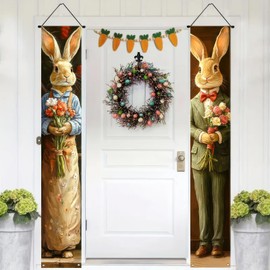 BlissYard 2Pieces Happy Easter Bunny Porch Banner Sign Bunny Banner Hanging Spring Door Banner Cute Bunny Flower Door Banner Spring Porch Banner Wall Front Door Decor Spring Easter Day Supplies