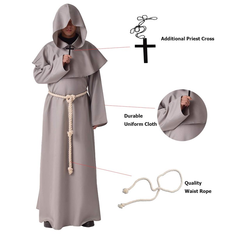 BLESSUME Monk Costume Medieval Robe Priest Hooded Renaissance Friar Cowl