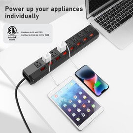 8 Outlet Metal Power Strip with Individual Switches,Heavy Duty Appliance Power Strip with Flat Plug,1200J Surge Protector,10FT Extension Cord,15A 120V 1800W,Home Office School Shop Industrial