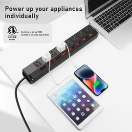 8 Outlet Metal Power Strip with Individual Switches,Heavy Duty Appliance Power Strip with Flat Plug,1200J Surge Protector,10FT Extension Cord,15A 120V 1800W,Home Office School Shop Industrial
