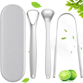 Jasinber Set de 3 Cepillo de Lengua de Acero Inoxidable con Estuche de Transporte - Kit de Limpieza Bucal para Limpiador de Raspado de Lengua Oral (3 Pcs)
