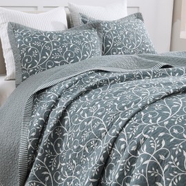 PANGUSHAN Quilt Set King Size - 100% Cotton King Comforter Set, Grayish-Blue Bedspread with 2 Pillow Shams, Floral Reversible Lightweight Bedding, King Bed Spread for All Season