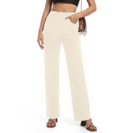 Guaile Women's Jeans High Waisted Straight Leg Stretchy Jeans Trendy Wide Leg Tummy Control Loose Casual Denim Pants Beige Size 4
