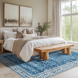 Andency Large 9x12 Washable Area Rug for Living Room Bedroom, Vintage Boho Blue Rug, Foldable Floral Carpet, Stain Resistant Non-Slip Rug, Printed Distressed Decor Rug for Dining Room