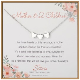 Weelody Mother and 2 Children Necklace, Sterling Silver 3 Heart Necklace, Mother’s Day Gifts for Mummy, Birthday Gifts for Mum