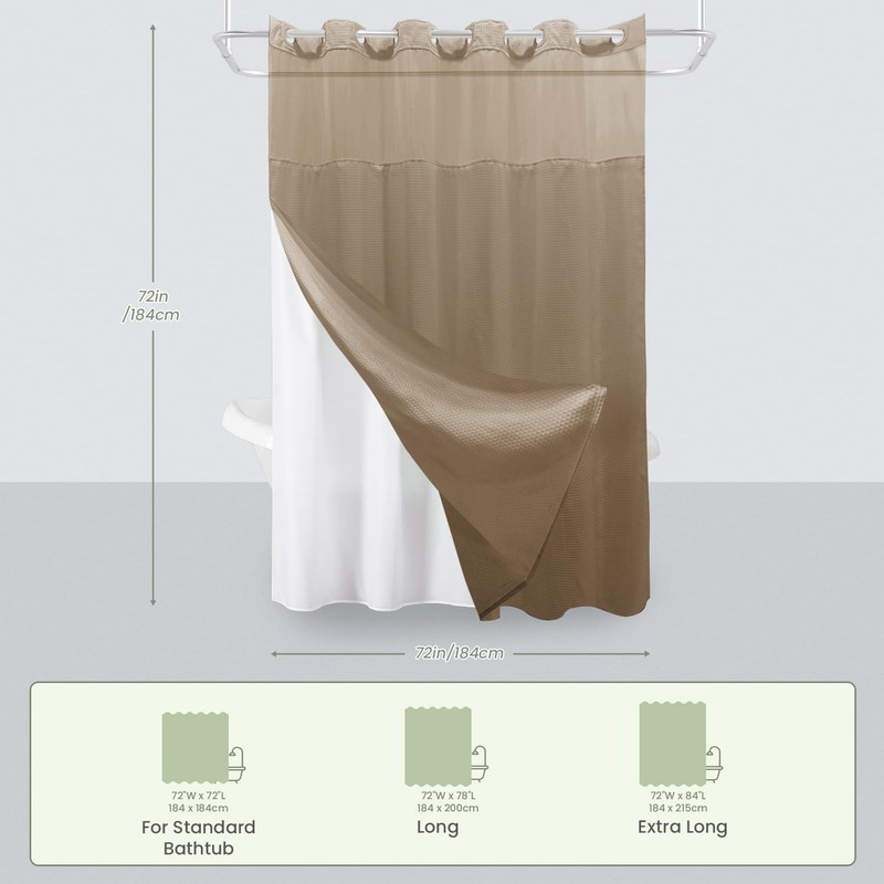Inhousolu Extra Long No Hook Shower Curtain with Snap in