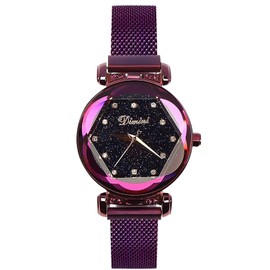 RORIOS Cute Wristwatch, Women's, Popular, Analog Watch, Magnetic Mesh Band, Glitter, Crystal, Starry Sky, Fashion, Quartz Watch for Women, purple, Bracelet Type