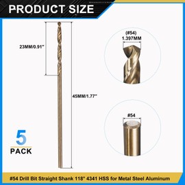 PATIKIL #54 Drill Bit, Micro Number Small Bits 4341 High-Speed Steel 118° Gold Finish for Soft Thin Metal Steel Wood Acrylic - 5 Pack
