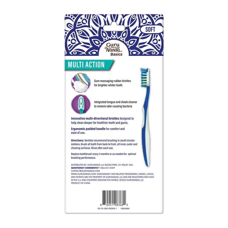GuruNanda Multi-Action Toothbrush with Tongue Cleaner - Soft Bristles for