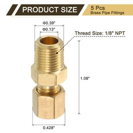 uxcell 10Pcs Brass Pipe Fitting, 1/8" OD x 1/8" NPT Male Brass Compression Tube Fitting, Brass Compression Union Connector, Brass Straight Coupling Adapter Fitting Fit 1/8" Pipe