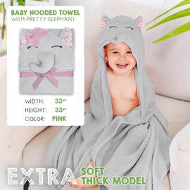 PUREVACY Hooded Baby Towels 33 x 33 with Elephant Face, Pink Baby Bath Towels Hooded with Ears, 100% Woven Terry Cotton Hooded Towels for Baby Girl and Boy, Soft Toddler Towels for Boy and Girl Kids