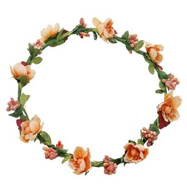 Lofruiin Women's Bohemian Rose Flower Wreath Adjustable Ribbon Bridesmaid Crown Wedding Party Floral Headpiece (Orange, Pack of 1)