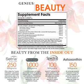 Genius Beauty, Hair Skin & Nails Vitamins, 60 Capsules - Anti-Aging Antioxidant Supplement, Hydrolyzed Collagen Pills, Glutathione & Astaxanthin - Detox Cleanse, Wrinkles, Hair Growth & Healthy Skin