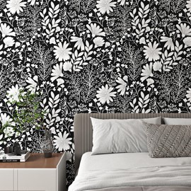 ReWallpaper 17.5in×23ft Black and White Wallpaper Peel and Stick Floral Wallpaper Mural for Bathroom Bedroom Walls Modern Botanical Daisy Flowers Vinyl Sticker Black White Self Adhesive Contact Paper