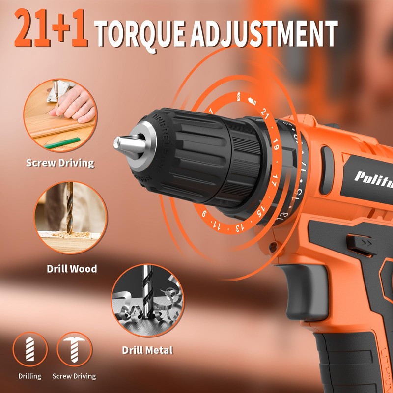 PULITUO 20V Cordless Drill/Driver, 2 Batteries Electric Screwdriver, 30Nm Power