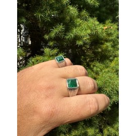 HarlemBling 6ct Natural Green Emerald Real Gemstone Mens Real Solid 925 Silver Signet Ring - 13