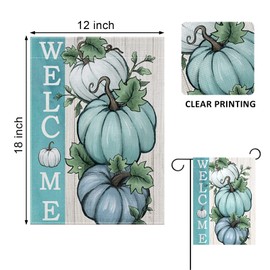 Covido Welcome Fall Teal Blue White Pumpkins Decorative Garden Flag, Autumn Farmhouse Seasonal Yard Outside Decorations, Thanksgiving Burlap Outdoor Small Home Decor Double Sided 12 x 18
