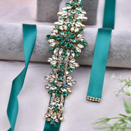 Jadvenword Bridal Rhinestone Belt - Luxury Accessory for Wedding Dresses and Evening Wear Waist Belt Available in Various Band Colours (Dark Green Ribbon, Peacock Blue Beads), Green
