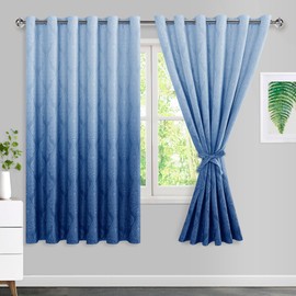 JIUZHEN Ombre Blackout Curtains for Bedroom - Damask Patterned Thermal Insulated Energy Saving Grommet Curtains for Living Room, Gradient Window Curtain Panels, Set of 2, 70 x 63 Inches, Navy Blue