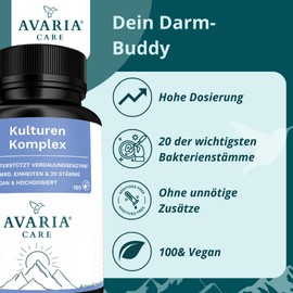 Avaria® Care - Culture Complex with 20 Bacterial Strains & 20 Billion CFU, Laboratory Tested & Made in Germany, Vegan, 180 Capsules 90 g