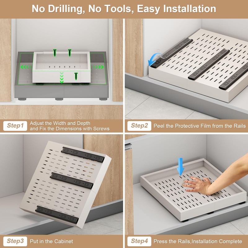 Pull out Cabinet Organizer,Expandable Width(15"-21"),Depth(17"-24") with 3 Rails,Roll out Drawers,No