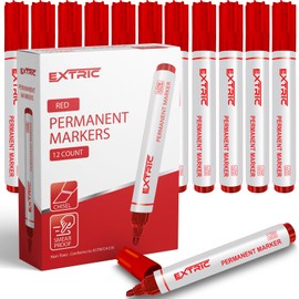 EXTRIC Permanent Markers, Chisel Tip, Red, Quick Drying Ink, Works on Paper, wood, Plastic, metal and Glass, Great for Home, Office and School use