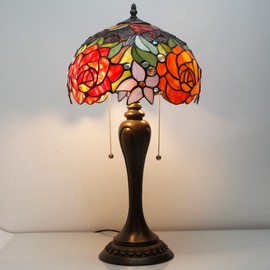 Tiffany Lamp Table Stained Glass Lamp Red Rose Flower Shade Resin Base 22" Tall Vintage Desk Dresser Light Lover Memory Sympathy Girlfriend Living Room Bedroom Coffee Bar WERFACTORY Led Bulb Included