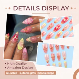 24Pcs Summer Press on Nails Medium Almond Fake Nails with Gold Starfish Charms Glue on Nails 3D Hawaiian Flowers Acrylic Nails Ocean Beach False Nails Handmade Shell French Stick on Nails for Women