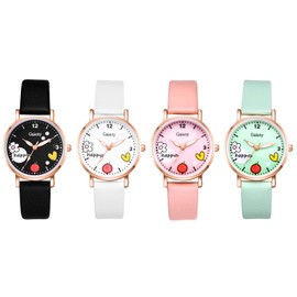 JewelryWe Women's Watch Bracelet Jewellery Set Women's Children Analogue Quartz Watch with Flower Strawberry and Heart Leather Watch Adjustable Beads Ball Bangle for Women Girls, 4 pieces., Feminine